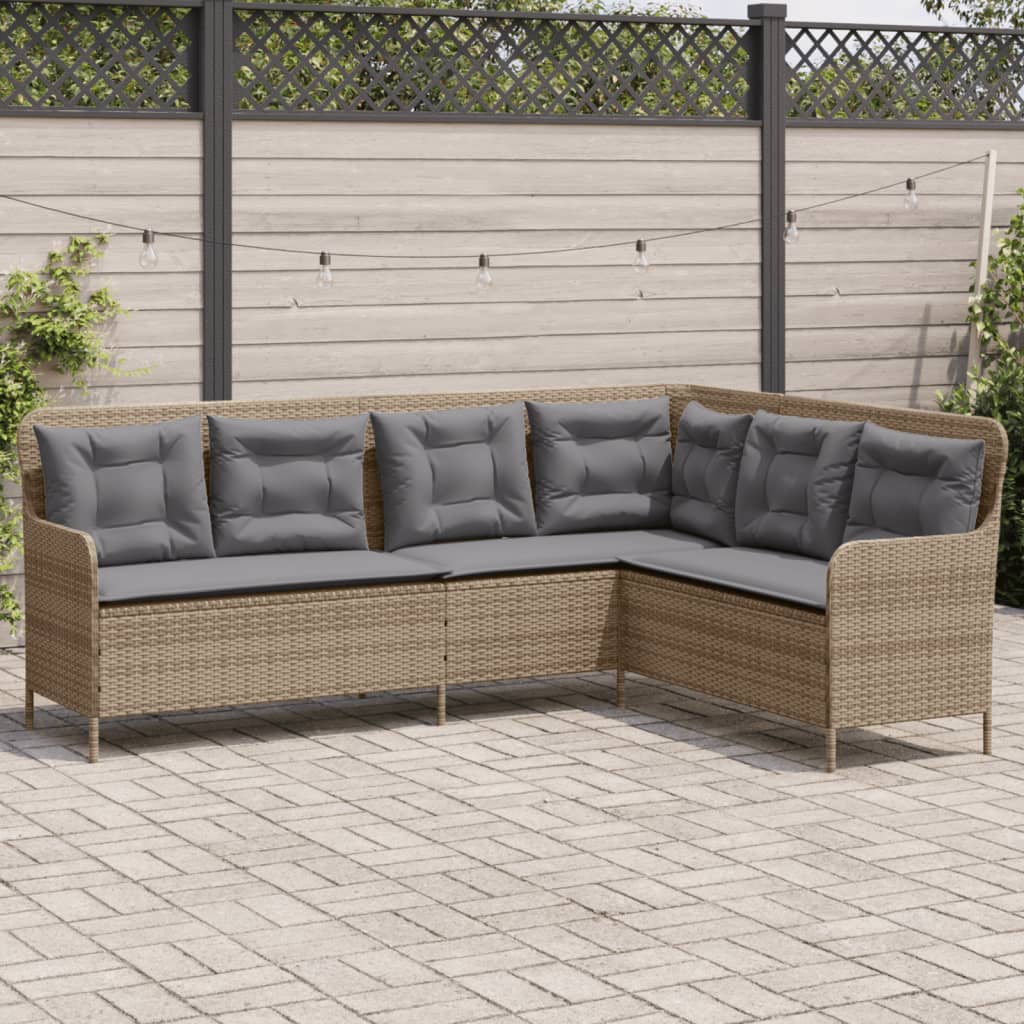 L-shaped garden sofa with cushions beige poly rattan