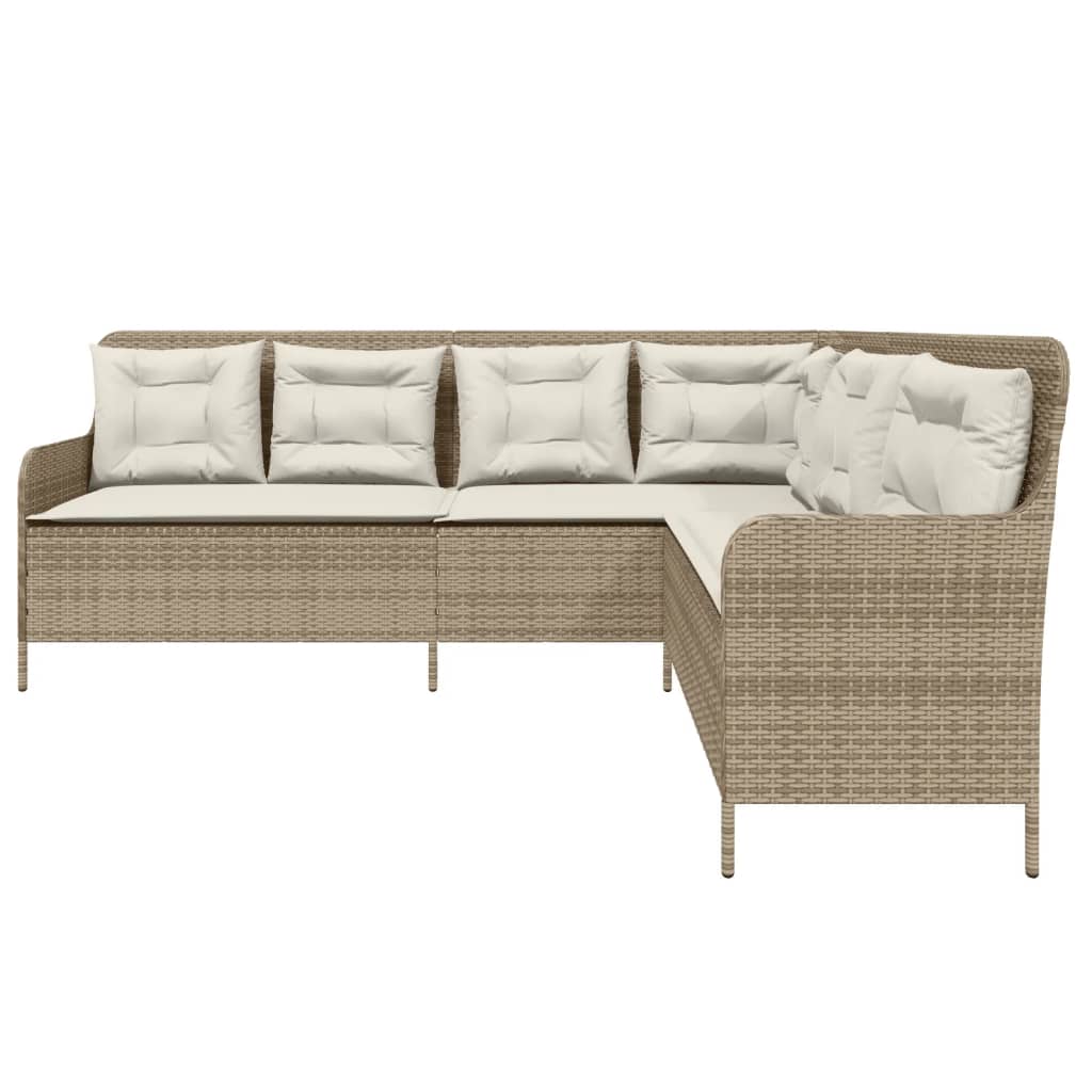L-shaped garden sofa with cushions beige poly rattan