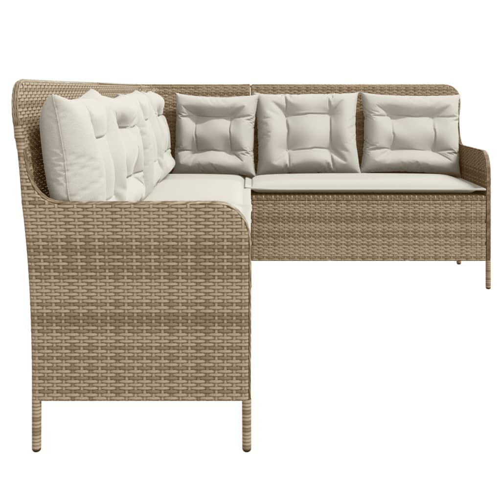 L-shaped garden sofa with cushions beige poly rattan