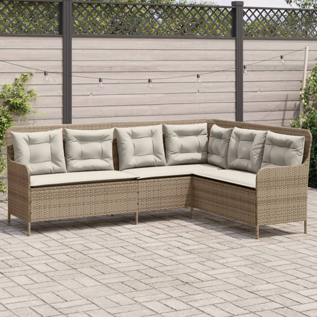 L-shaped garden sofa with cushions beige poly rattan