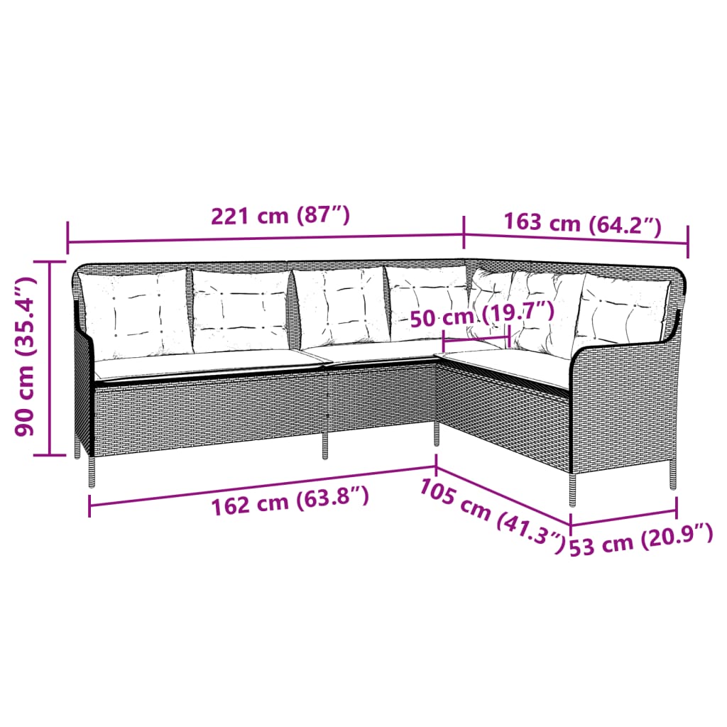 L-shaped garden sofa with cushions light grey poly rattan