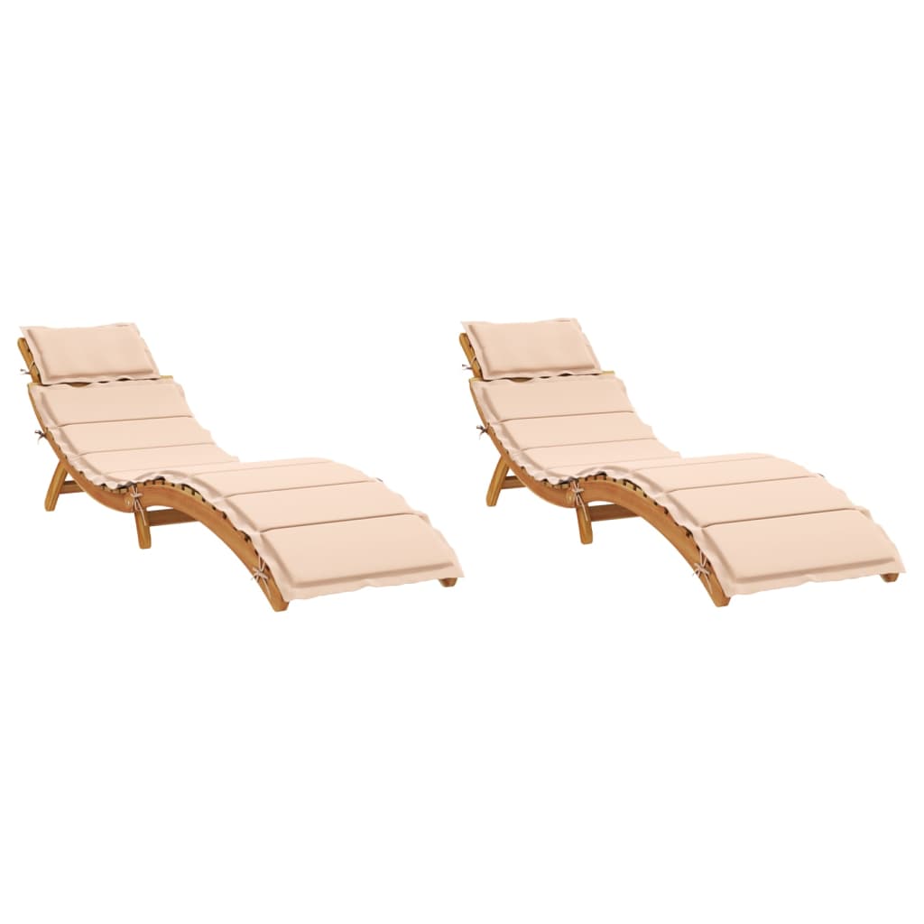 Chaises longues avec coussins, lot de 2, en bois d'acacia massif beige