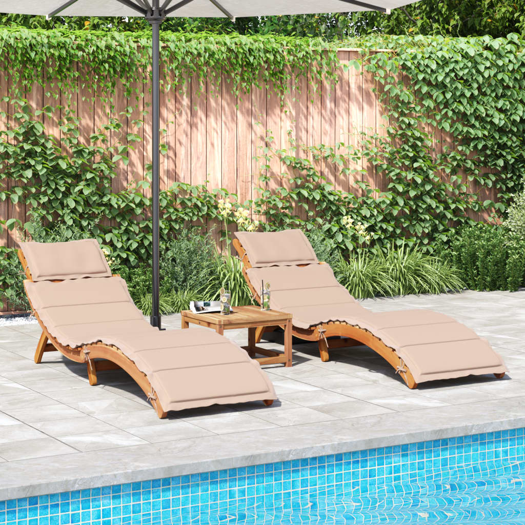 Chaises longues avec coussins, lot de 2, en bois d'acacia massif beige
