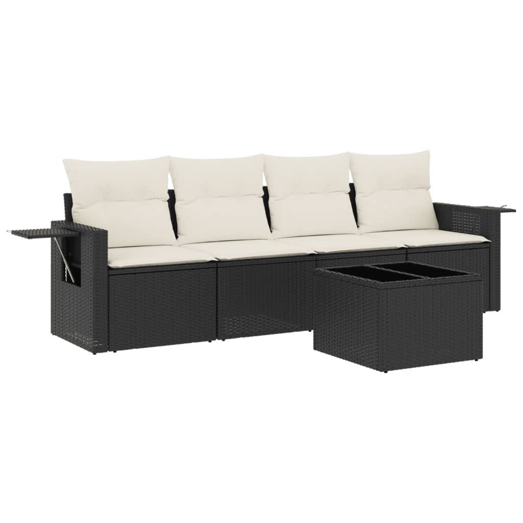 5-piece garden sofa set with cushions, black poly rattan