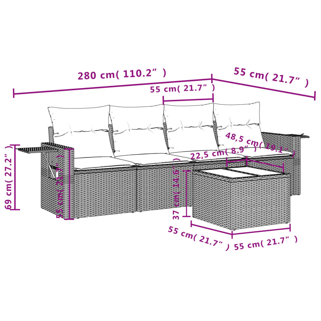 5-piece garden sofa set with cushions, black poly rattan