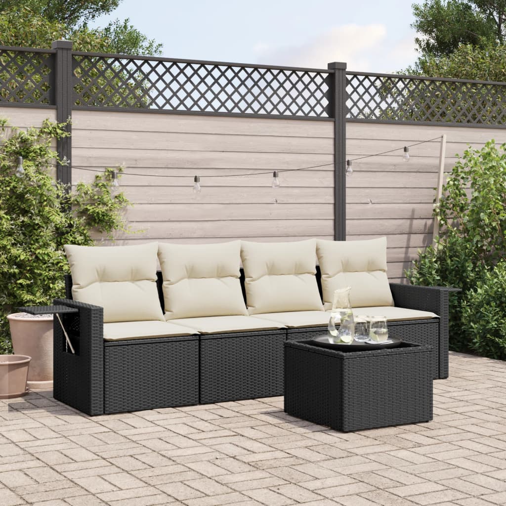 5-piece garden sofa set with cushions, black poly rattan