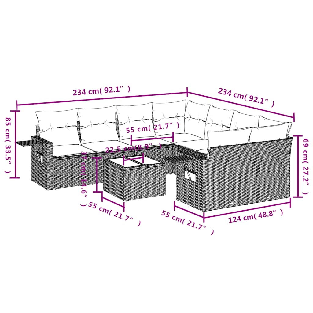 9-teiliges Gartensofa-Set mit Kissen, schwarzes Polyrattan