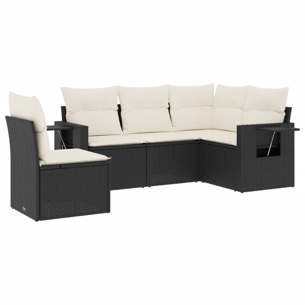 5-piece garden sofa set with cushions, black poly rattan