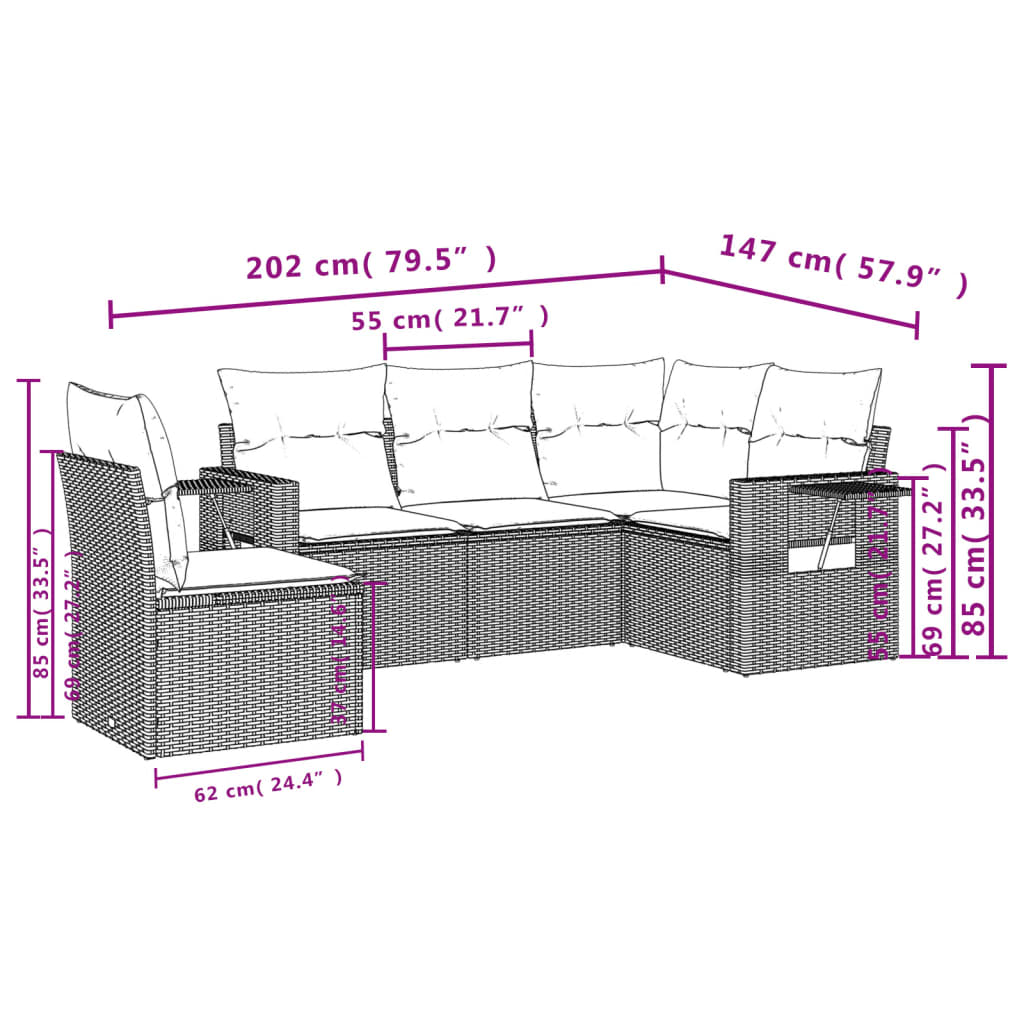 5-piece garden sofa set with cushions, black poly rattan