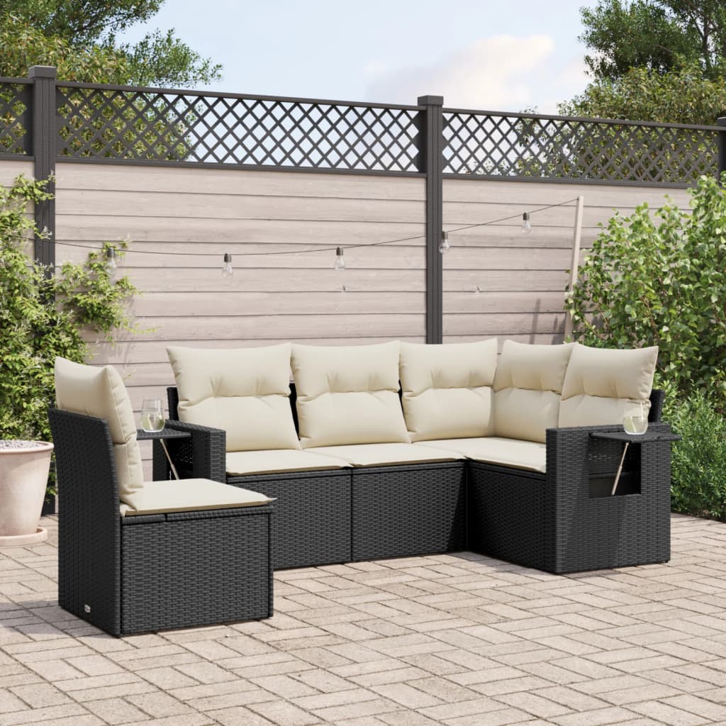 5-piece garden sofa set with cushions, black poly rattan