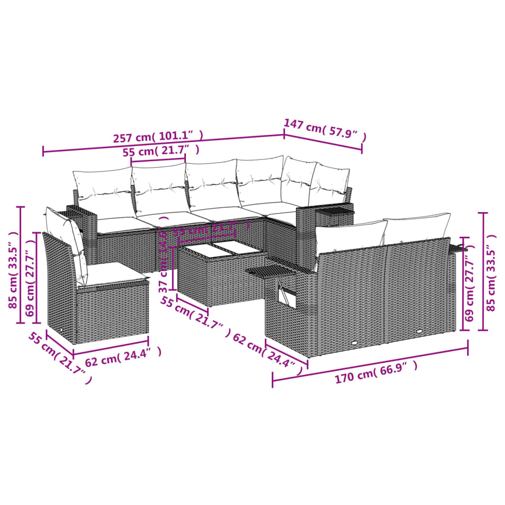 9-teiliges Gartensofa-Set mit Kissen, schwarzes Polyrattan