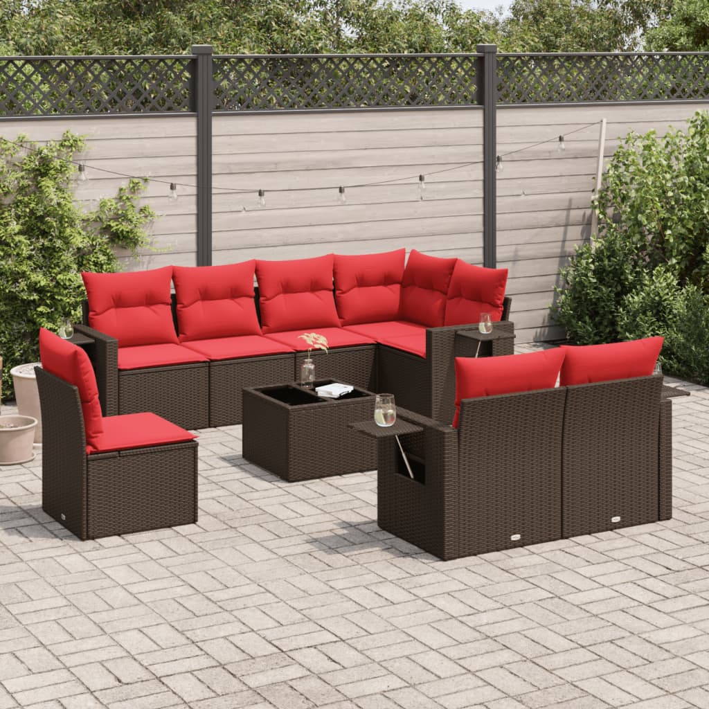 9-teiliges Gartensofa-Set mit Kissen, braun, Polyrattan