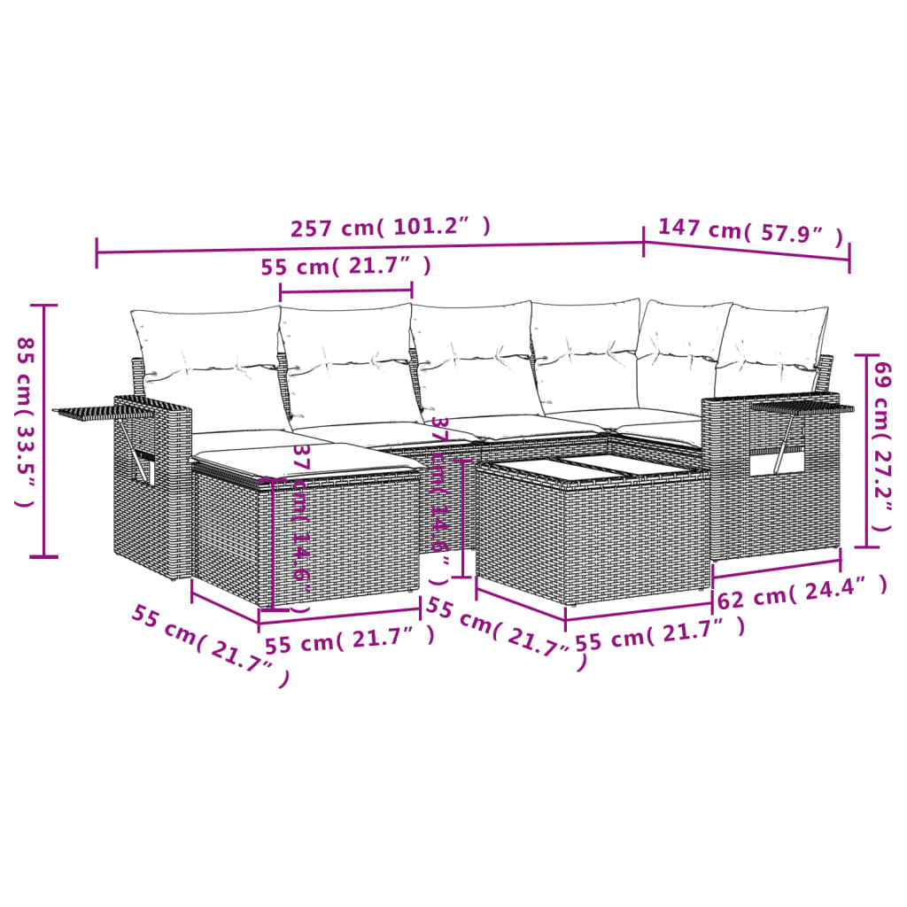 7-teiliges Gartensofa-Set mit Kissen, grau, Polyrattan