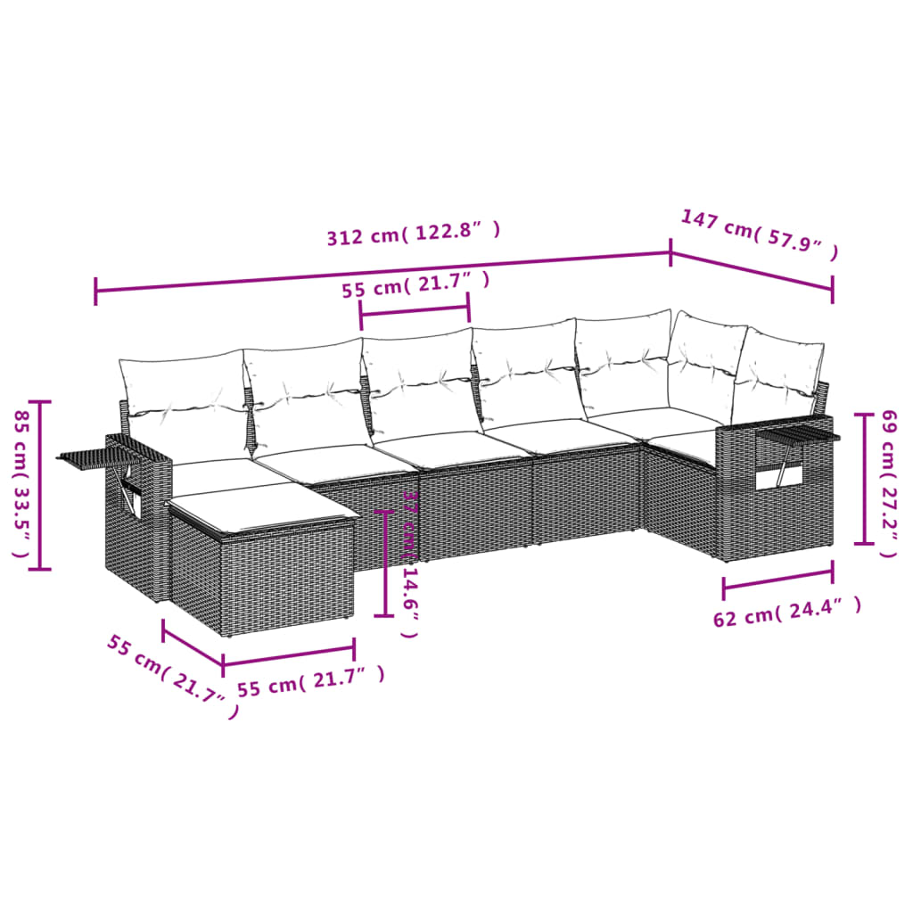 7-teiliges Gartensofa-Set mit Kissen, schwarzes Polyrattan
