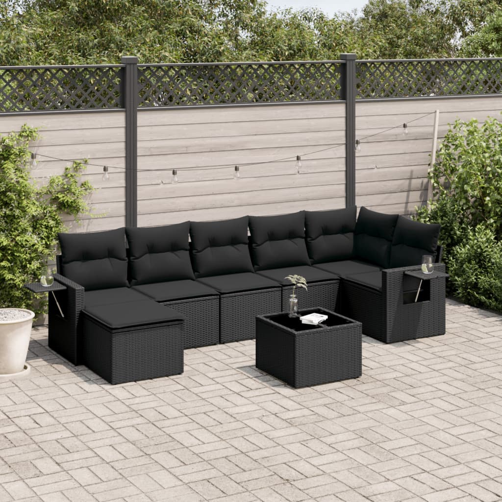 Ensemble de canapés de jardin 8 pièces avec coussins, en polyrotin noir