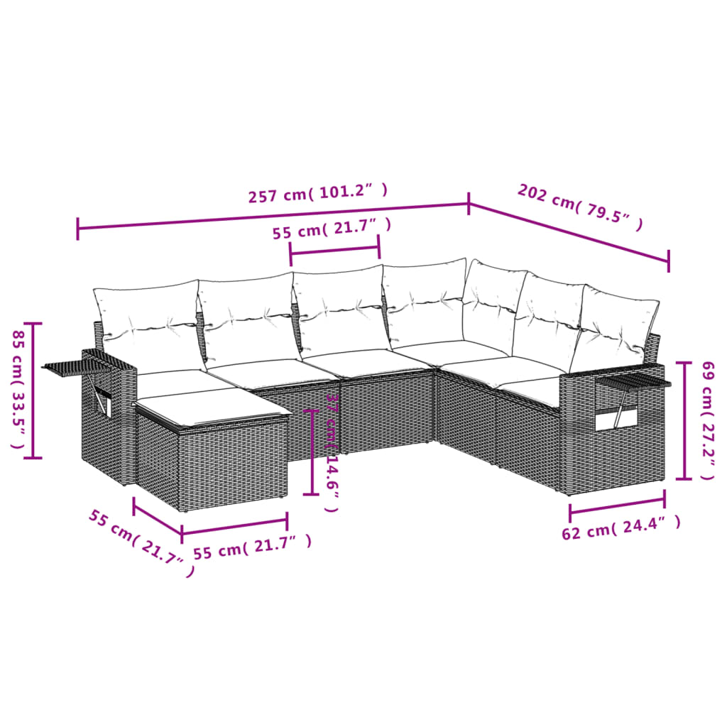 7-teiliges Gartensofa-Set mit Kissen, schwarzes Polyrattan