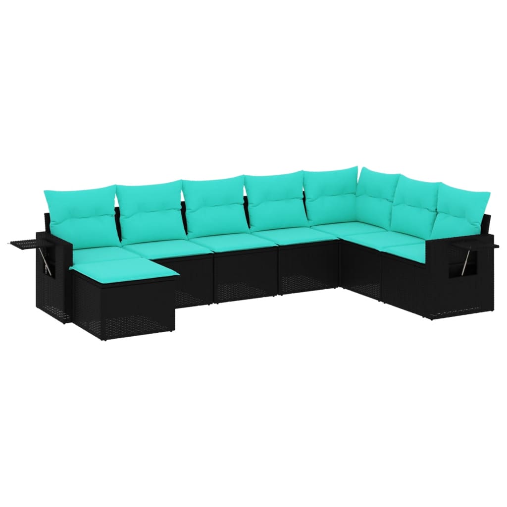 8-teiliges Gartensofa-Set mit Kissen, schwarzes Polyrattan