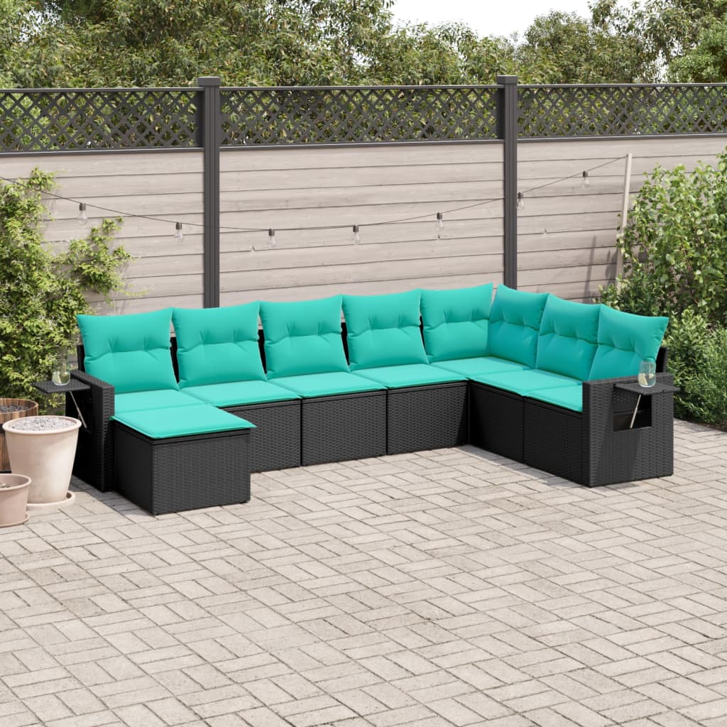 8-teiliges Gartensofa-Set mit Kissen, schwarzes Polyrattan