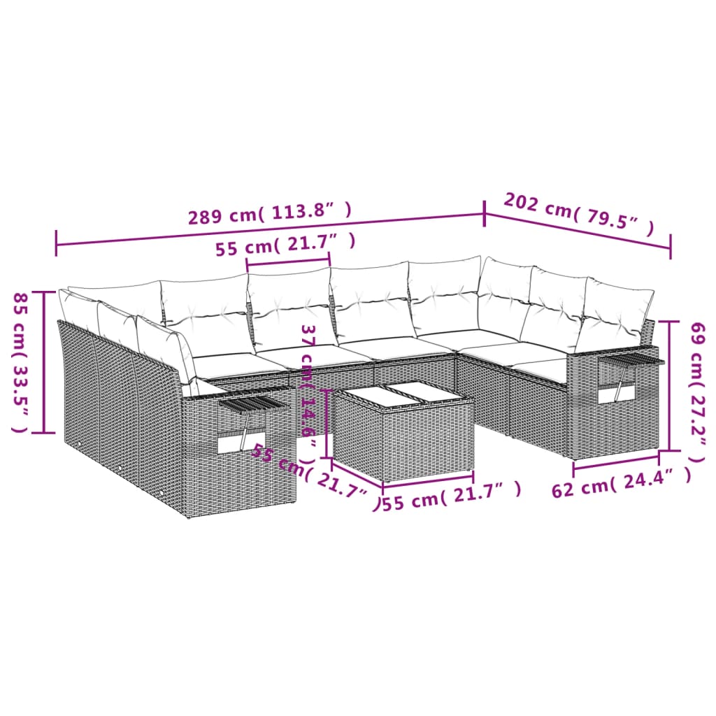 10-teiliges Gartensofa-Set mit Kissen, grau, Polyrattan