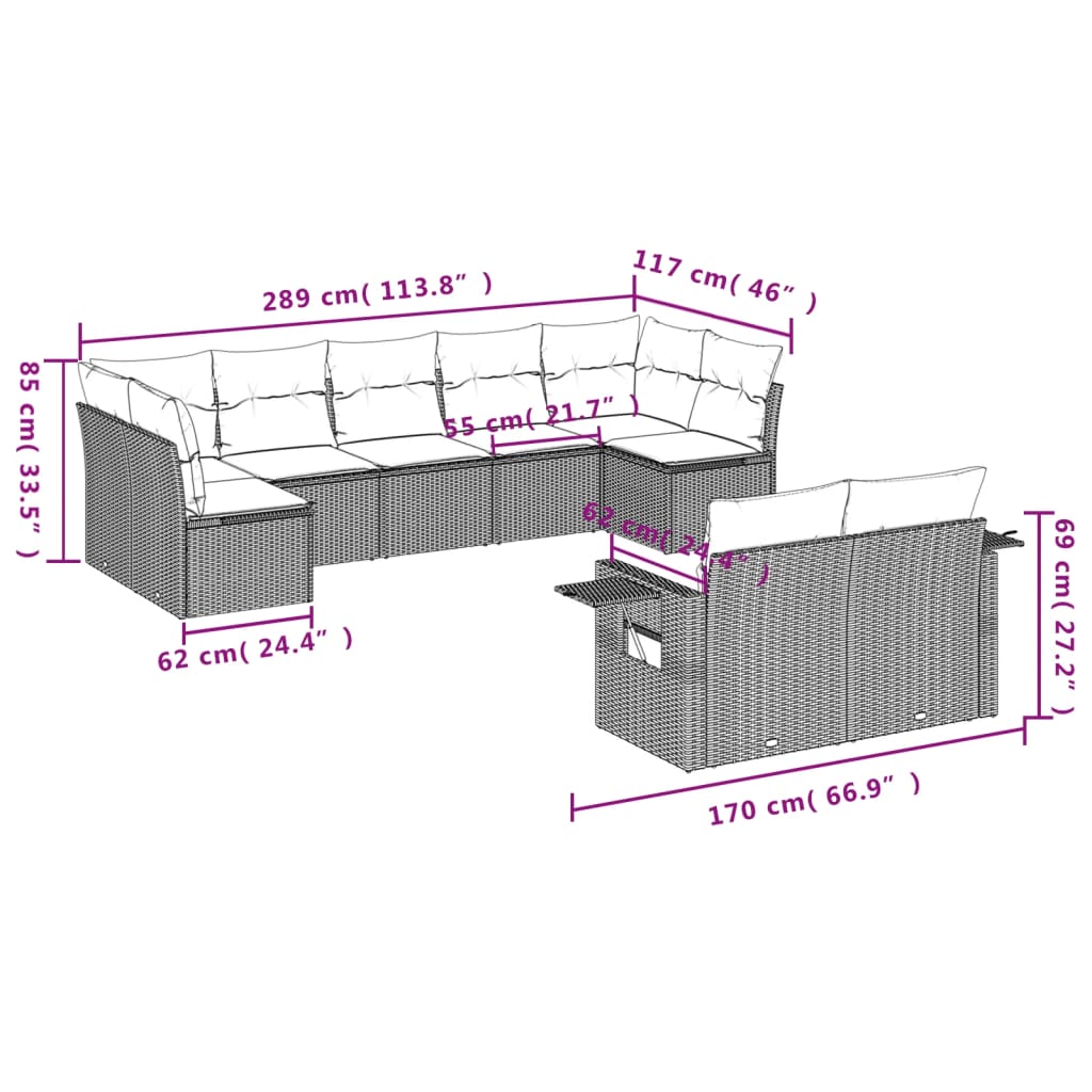 9-teiliges Gartensofa-Set mit Kissen, braun, Polyrattan