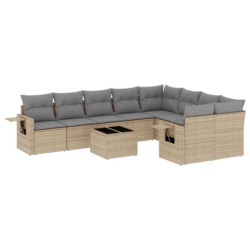 10-piece garden sofa set with cushions, beige poly rattan