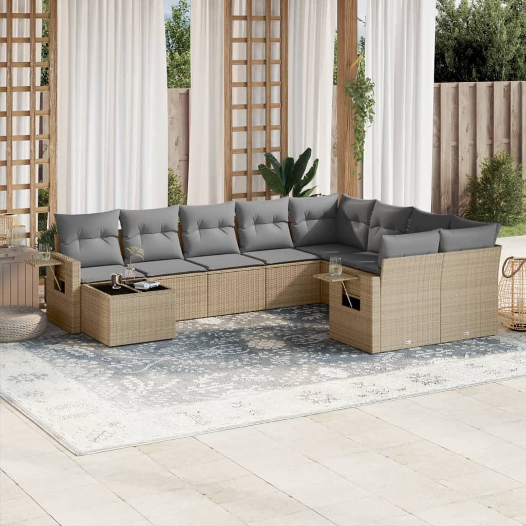 10-piece garden sofa set with cushions, beige poly rattan