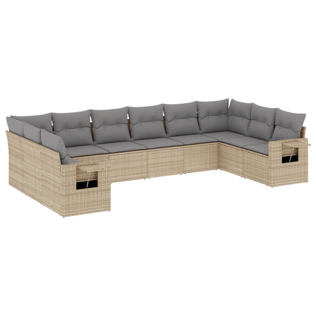 10-piece garden sofa set with cushions, beige poly rattan