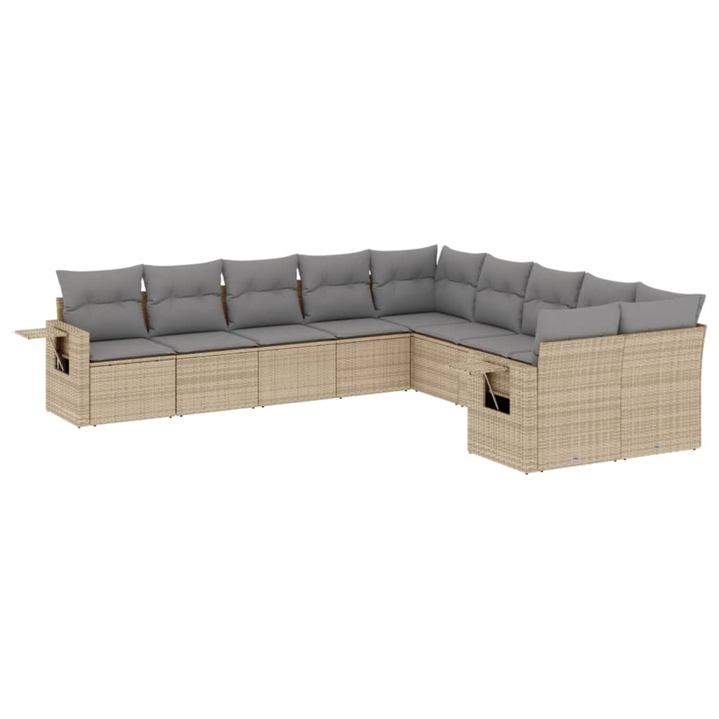 10-piece garden sofa set with cushions, beige poly rattan
