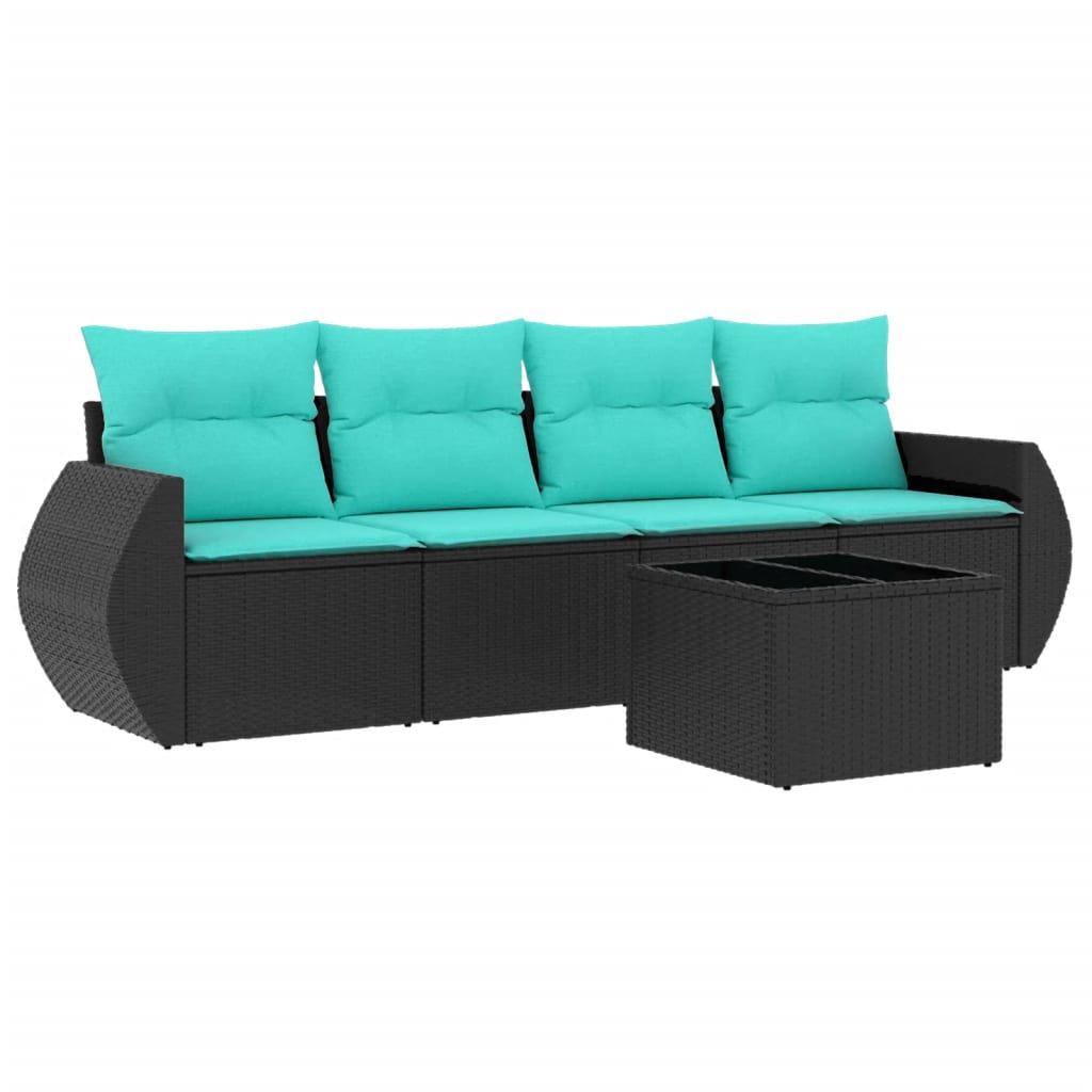 5-tlg. Garten-Sofagarnitur mit Kissen Schwarz Poly Rattan