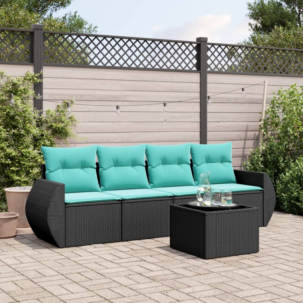 5-tlg. Garten-Sofagarnitur mit Kissen Schwarz Poly Rattan