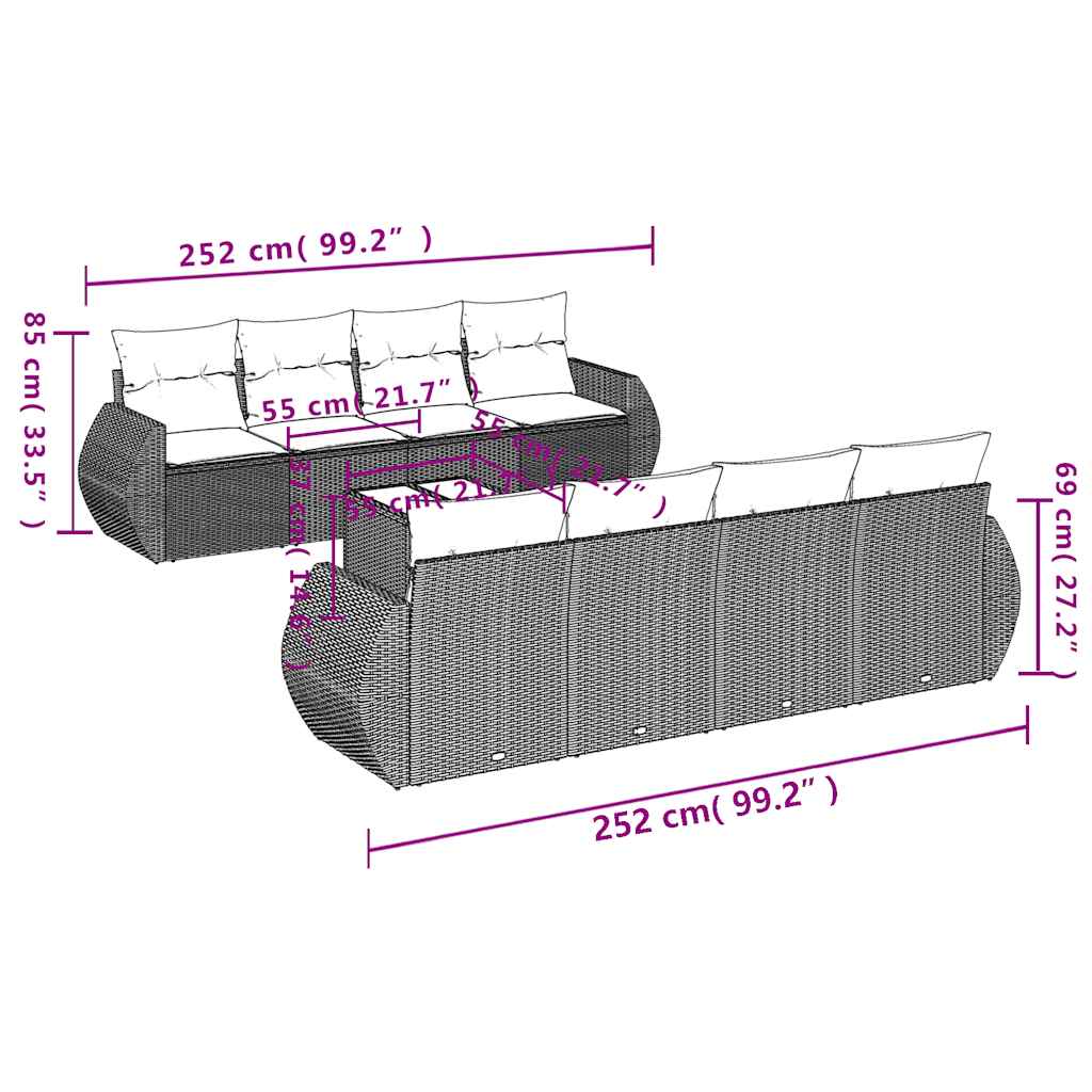 9-teiliges Gartensofa-Set mit Kissen, grau, Polyrattan