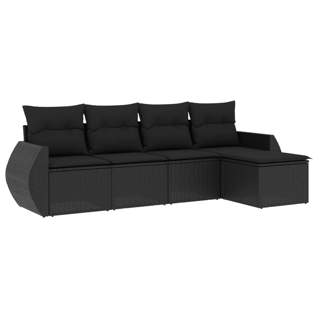 5-piece garden sofa set with cushions, black poly rattan