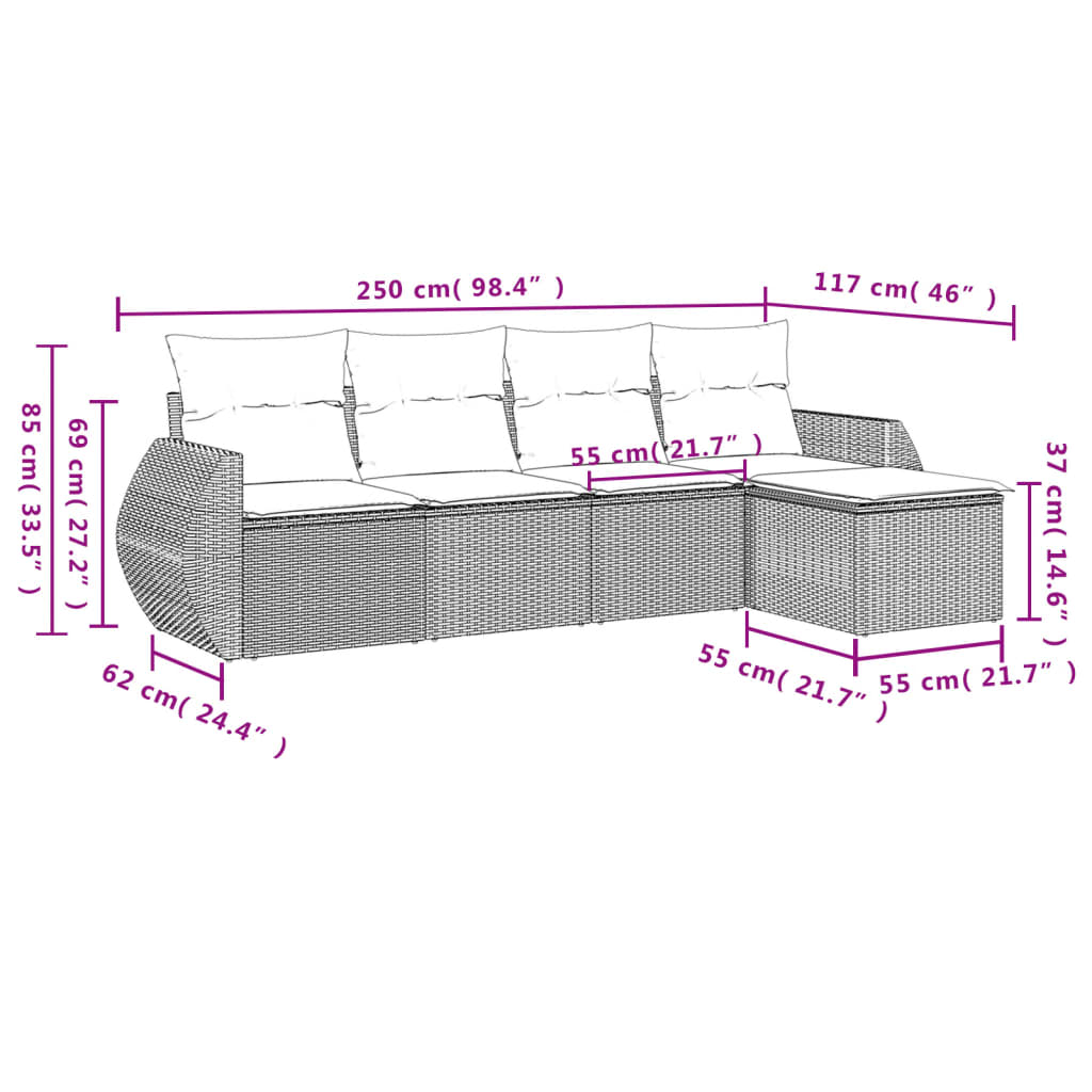 5-piece garden sofa set with cushions, black poly rattan