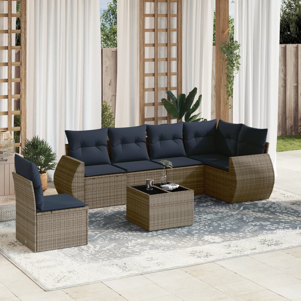 7-teiliges Gartensofa-Set mit Kissen, grau, Polyrattan