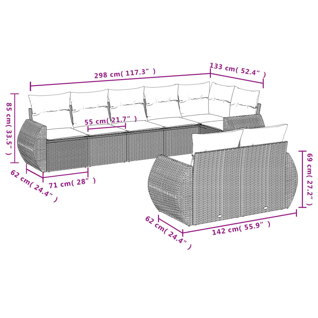 8-teiliges Gartensofa-Set mit Kissen, schwarzes Polyrattan