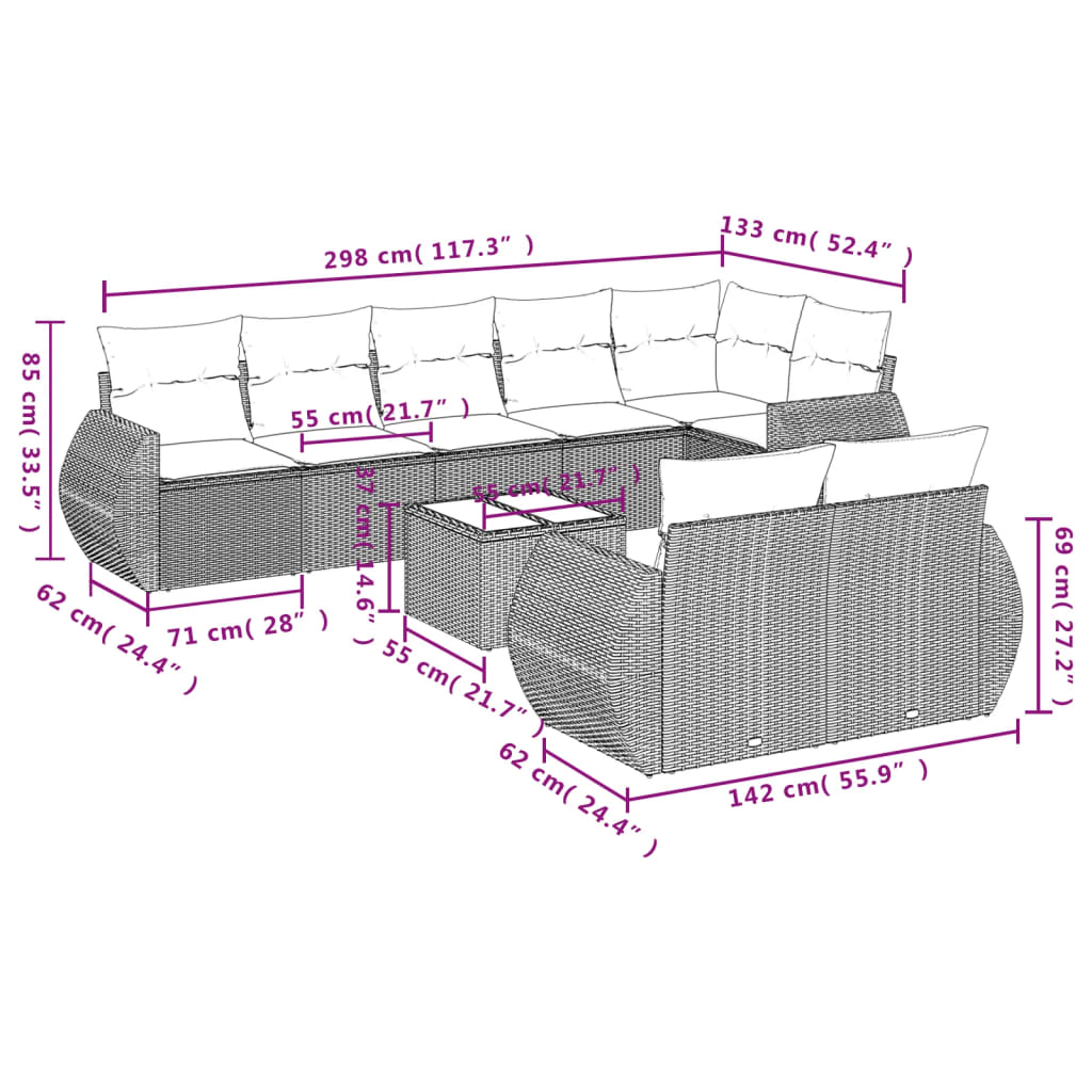 9-teiliges Gartensofa-Set mit Kissen, schwarzes Polyrattan