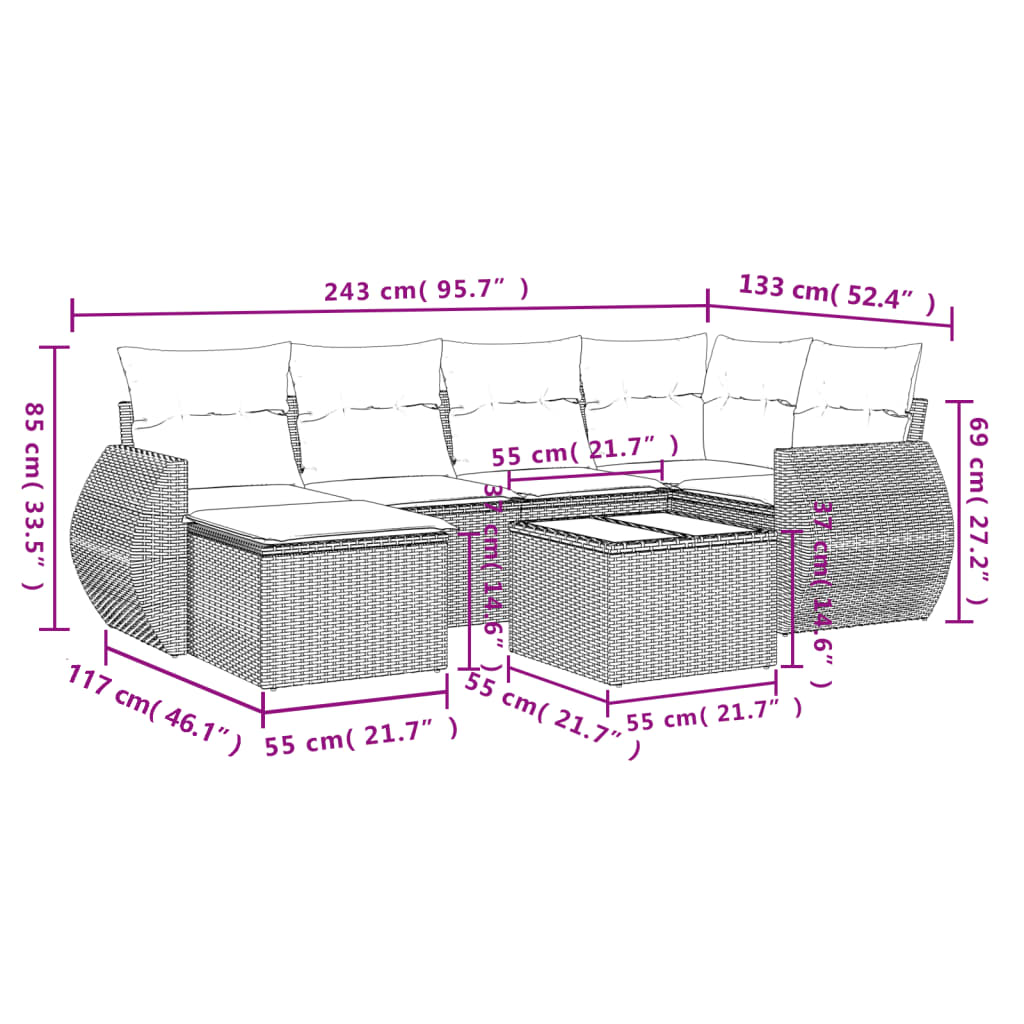 7-teiliges Gartensofa-Set mit Kissen, schwarzes Polyrattan