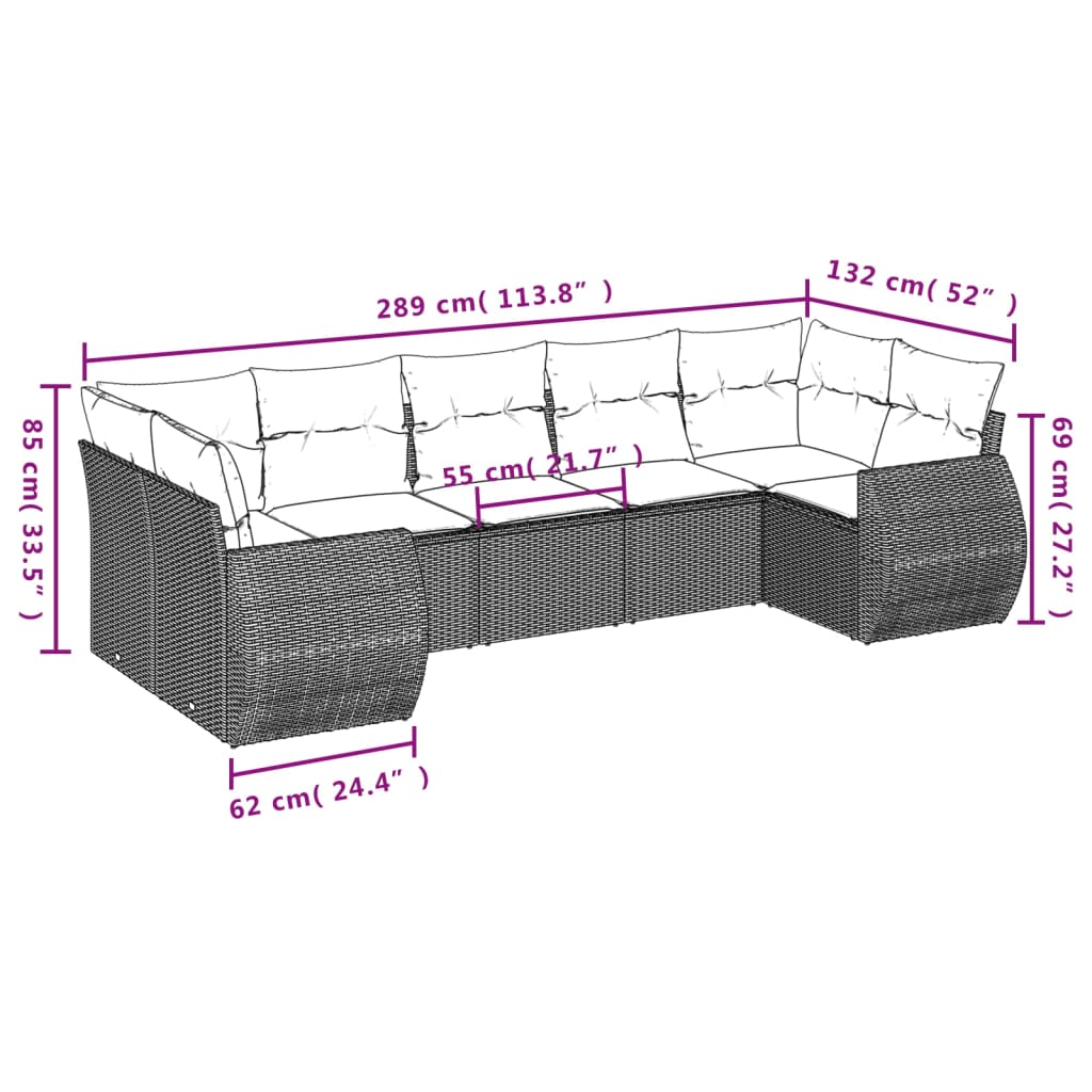 7-teiliges Gartensofa-Set mit Kissen, schwarzes Polyrattan