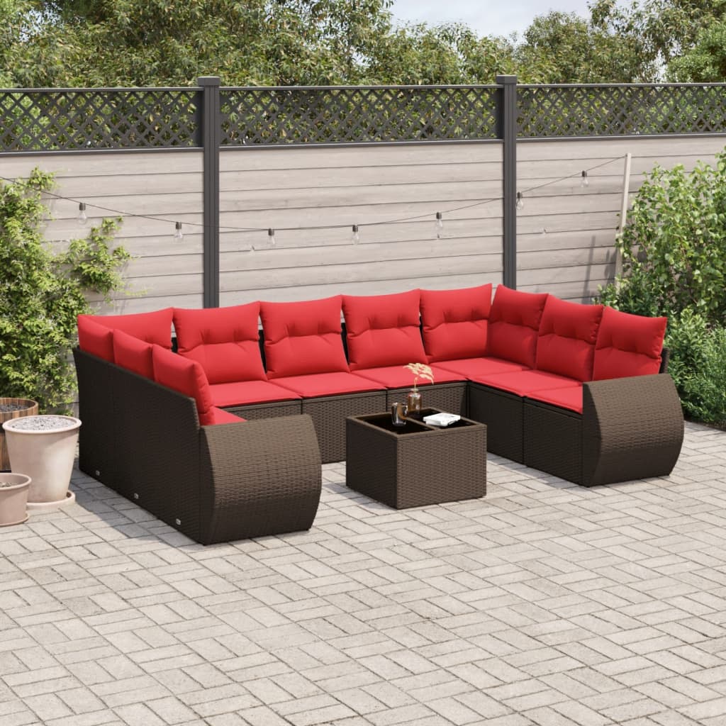 10-teiliges Gartensofa-Set mit Kissen, braun, Polyrattan