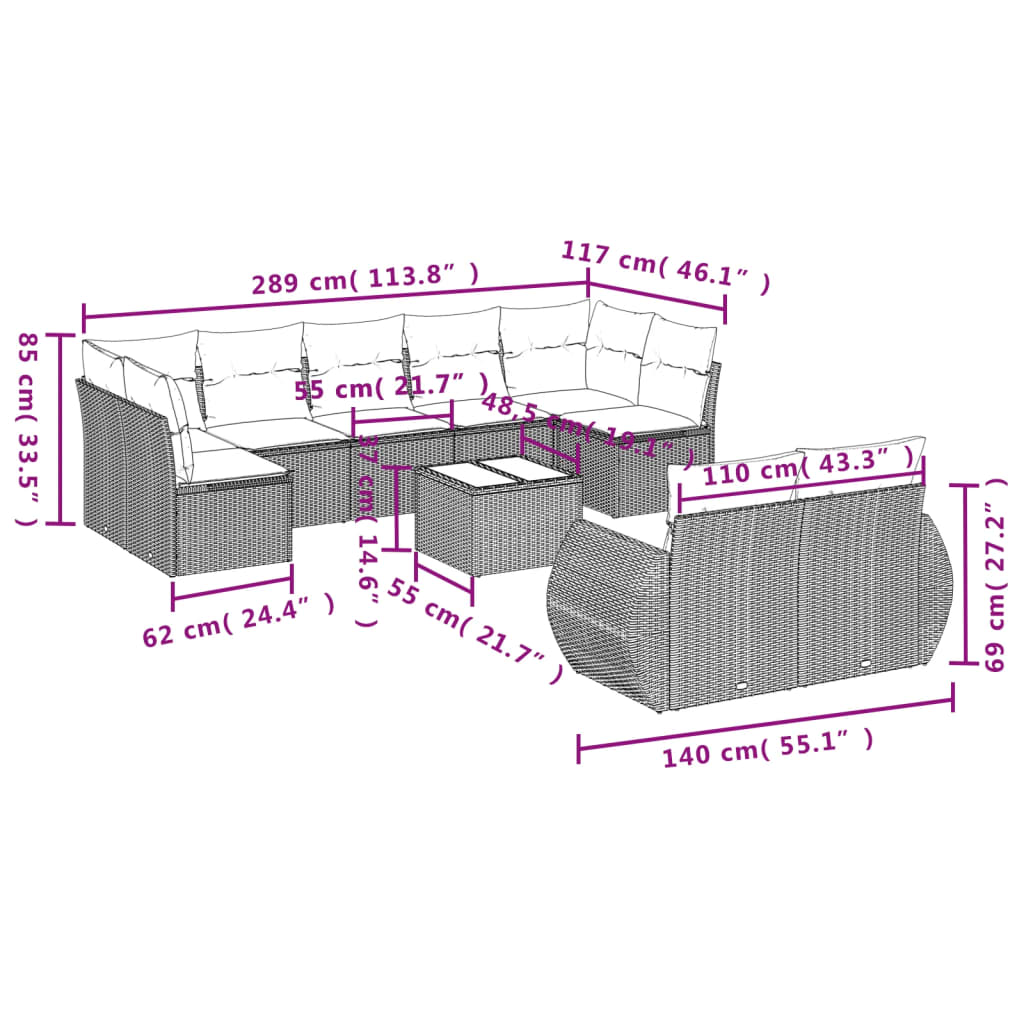 10-teiliges Gartensofa-Set mit Kissen, braun, Polyrattan