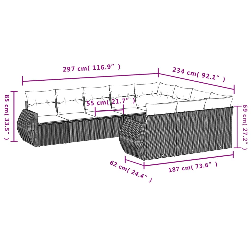 10-teiliges Gartensofa-Set mit Kissen, braun, Polyrattan