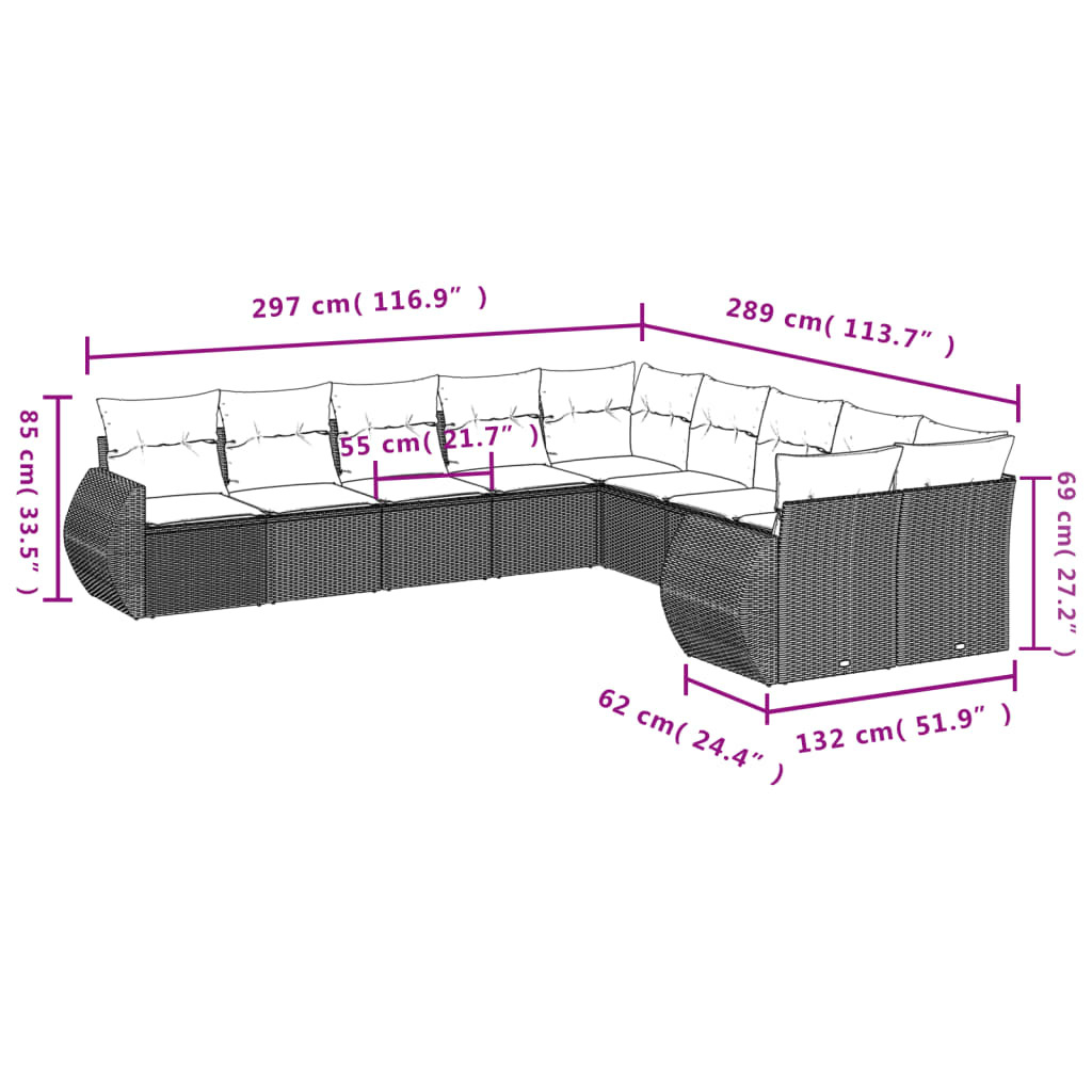 10-teiliges Gartensofa-Set mit Kissen, braun, Polyrattan