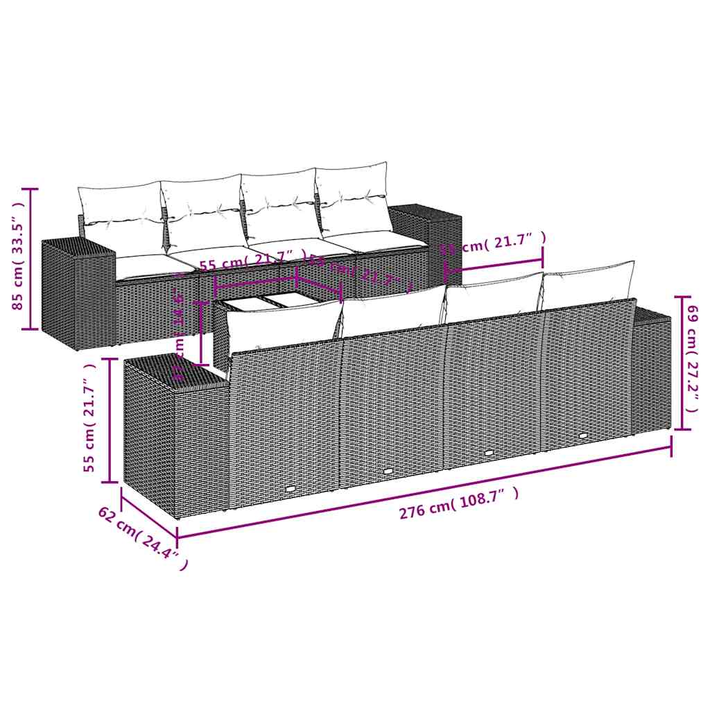 9-teiliges Gartensofa-Set mit Kissen, schwarzes Polyrattan