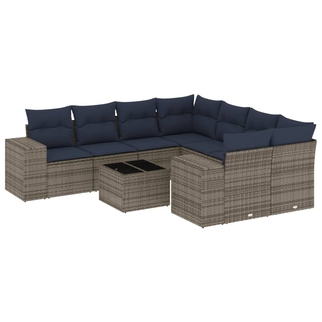 9-teiliges Gartensofa-Set mit Kissen, grau, Polyrattan