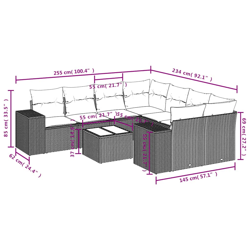 9-teiliges Gartensofa-Set mit Kissen, braun, Polyrattan