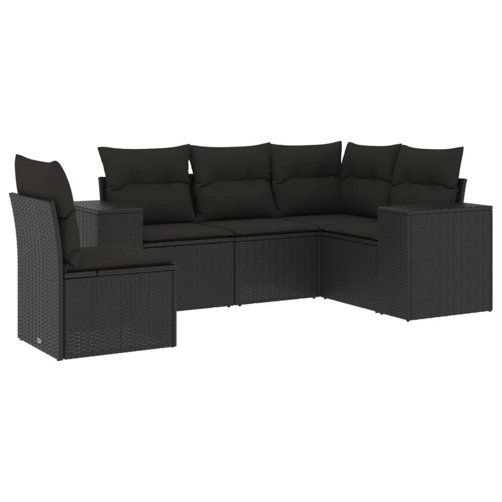 5-piece garden sofa set with cushions, black poly rattan