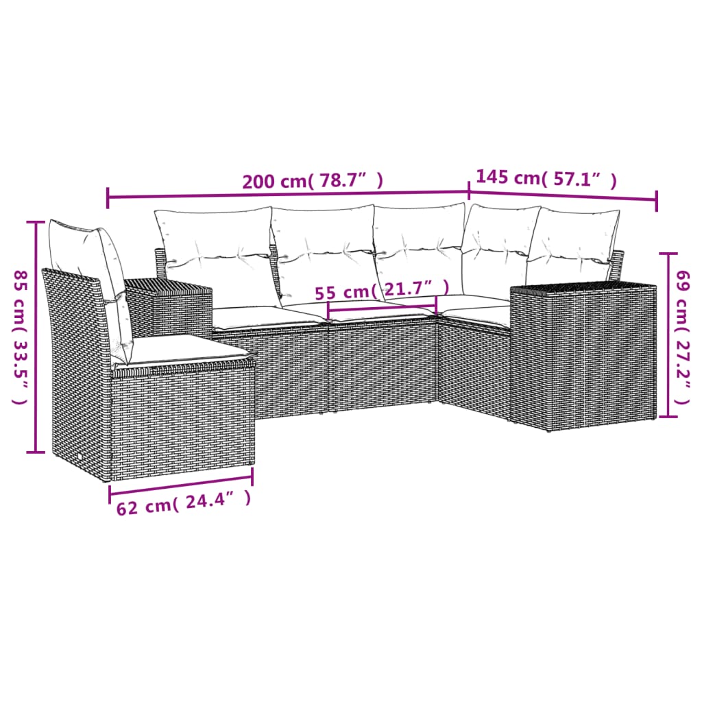 5-piece garden sofa set with cushions, black poly rattan