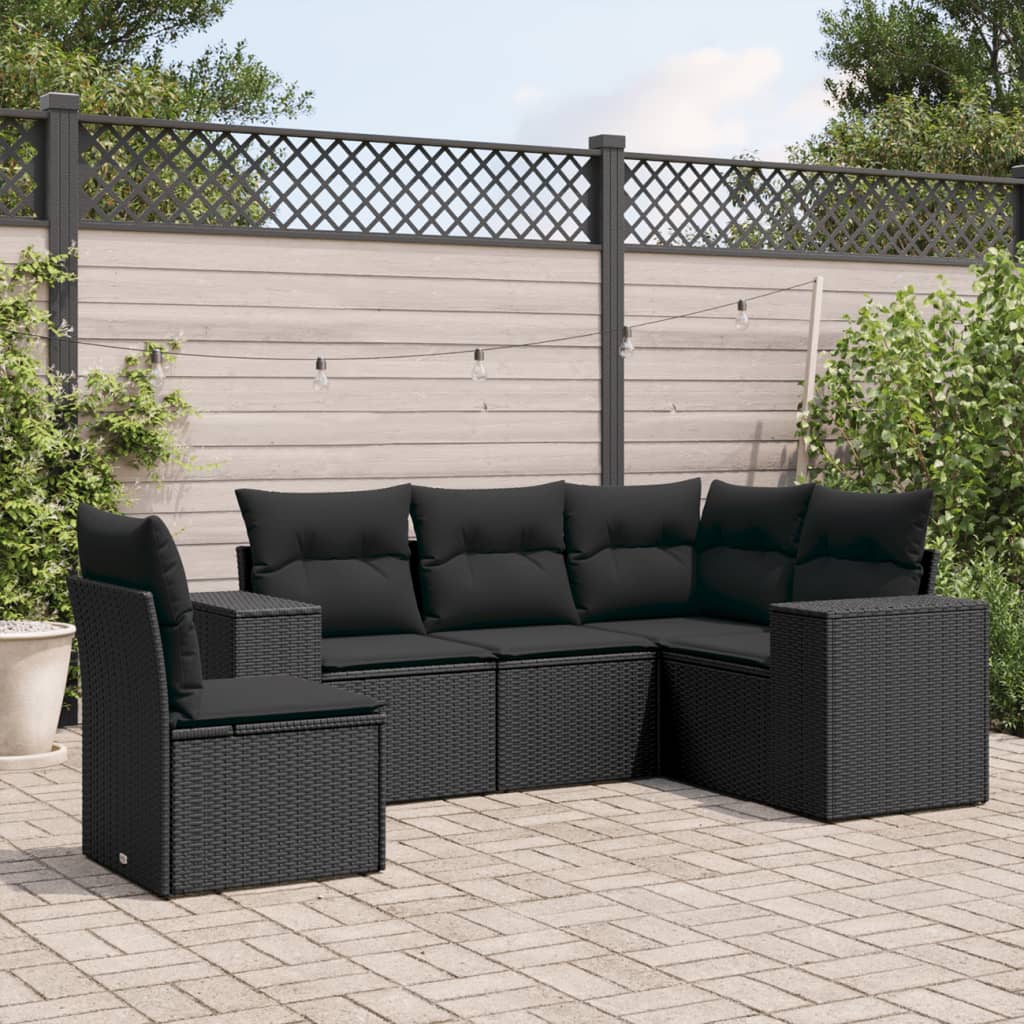 5-piece garden sofa set with cushions, black poly rattan