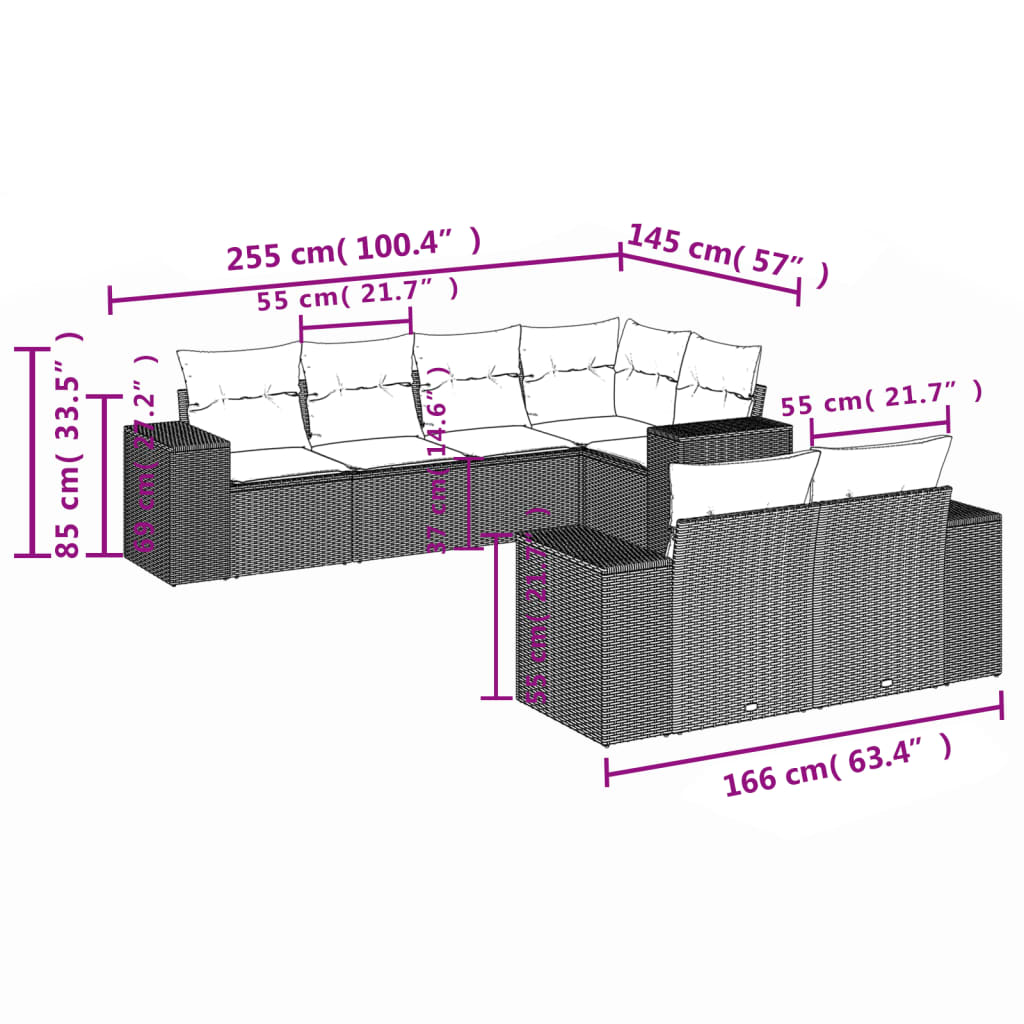 7-teiliges Gartensofa-Set mit Kissen, schwarzes Polyrattan