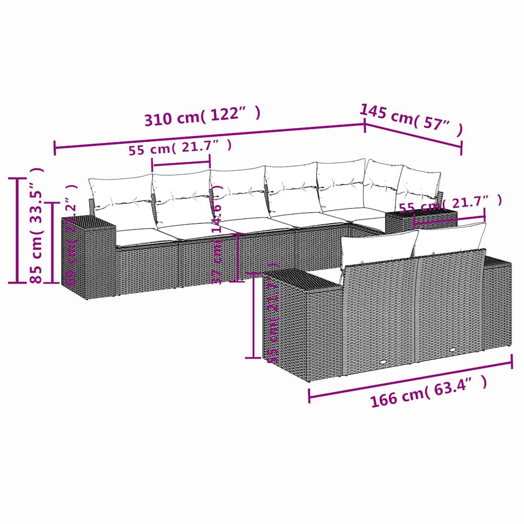 8-teiliges Gartensofa-Set mit Kissen, grau, Polyrattan